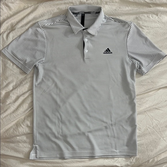 Adidas White and Blue Stripped Polo Shirt Performance Athletic - Picture 1 of 5